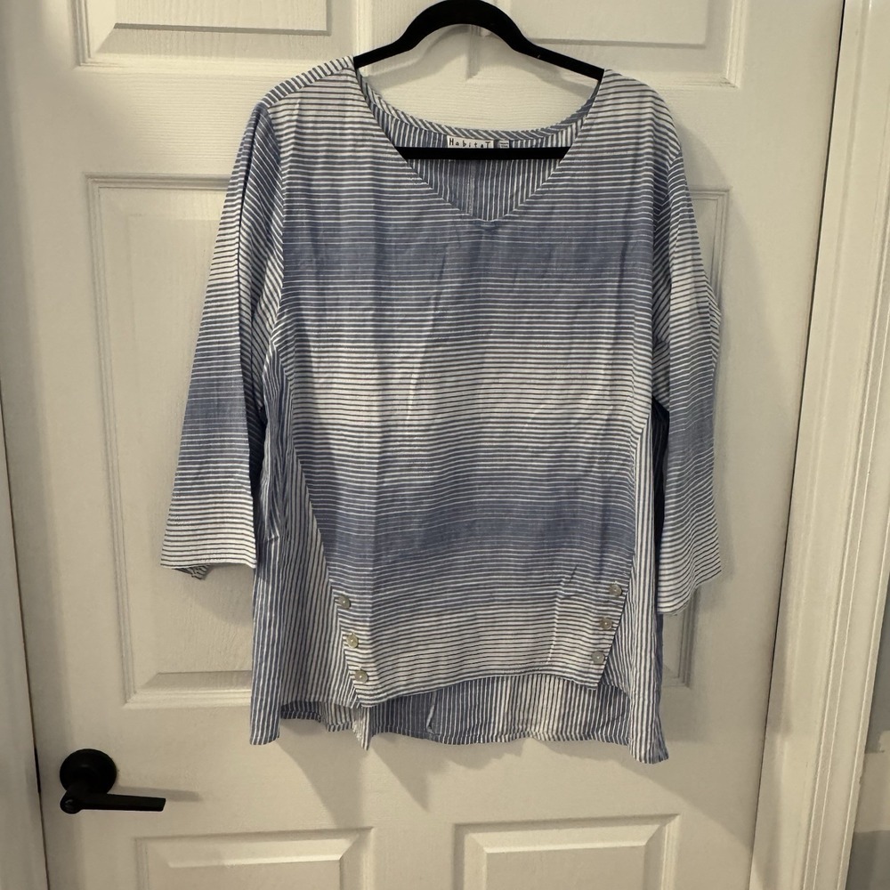Habitat Women's Blue White Striped 3/4 Sleeve Shirt Sz L Relaxed Casual Nautical